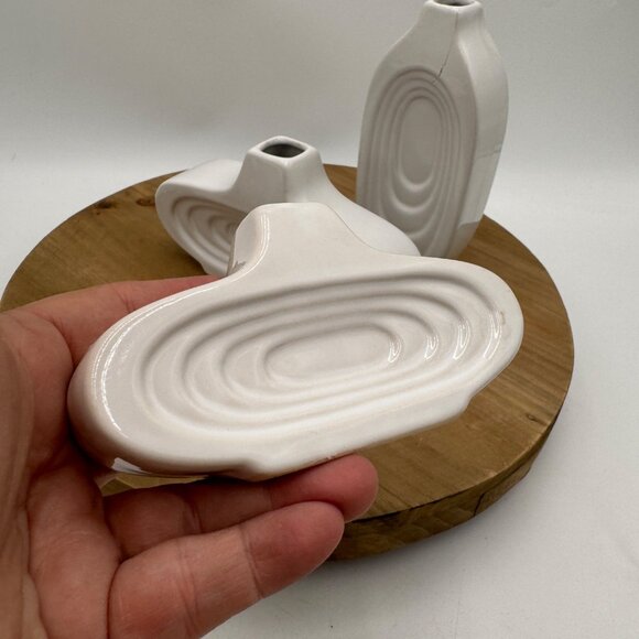 3 Vintage MCM Art Deco Oval Repeating Ring Bud Vases Marked Bottom White *READ* - Picture 6 of 16